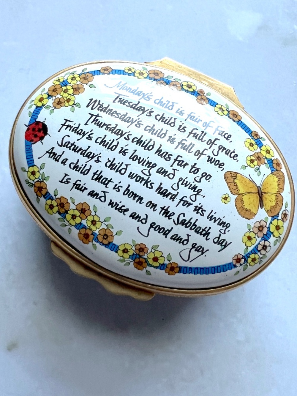 Halcyon Days Mondays Child Nursery Rhyme Enamel Box Butterfly Ladybug Floral Lar